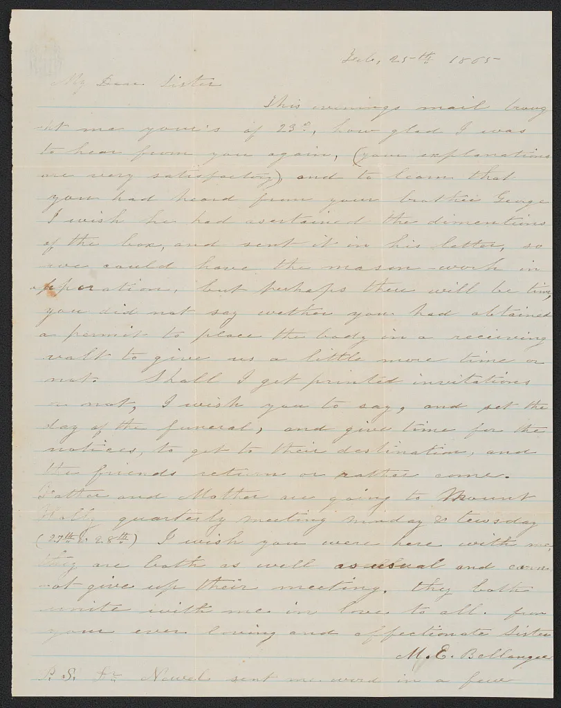 A handwritten letter of 1865, in brown ink on ruled, aged paper.